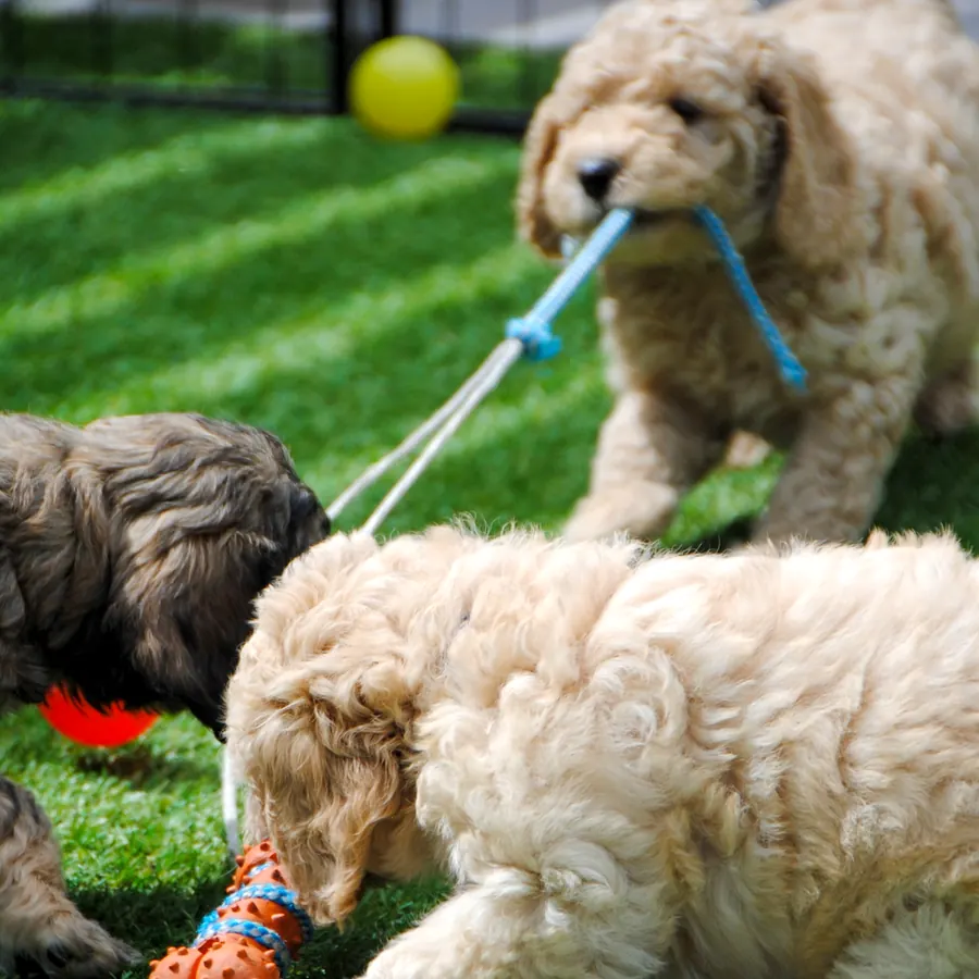 Twee labradoodle pups spelen samen in het gras